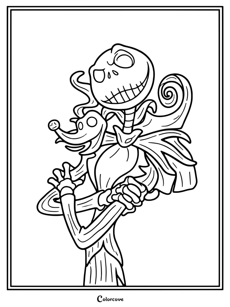 Página para colorear de Jack Skellington y su perro fantasma Zero de la película animada The Nightmare Before Christmas de Tim Burton.