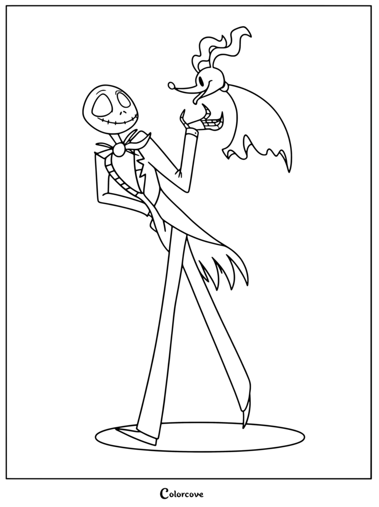 Jack Skellington stands smiling while holding his ghost dog, Zero.