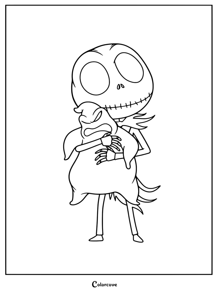 Página para colorear gratis de Jack Skellington abrazando a Oogie Boogie de The Nightmare Before Christmas.