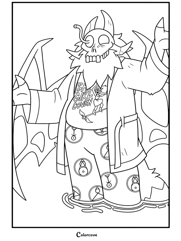 Página para colorear de King adulto de The Owl House usando una camisa del aquelarre de las chicas malas, bata de baño y pantalones de pijama con glifos.