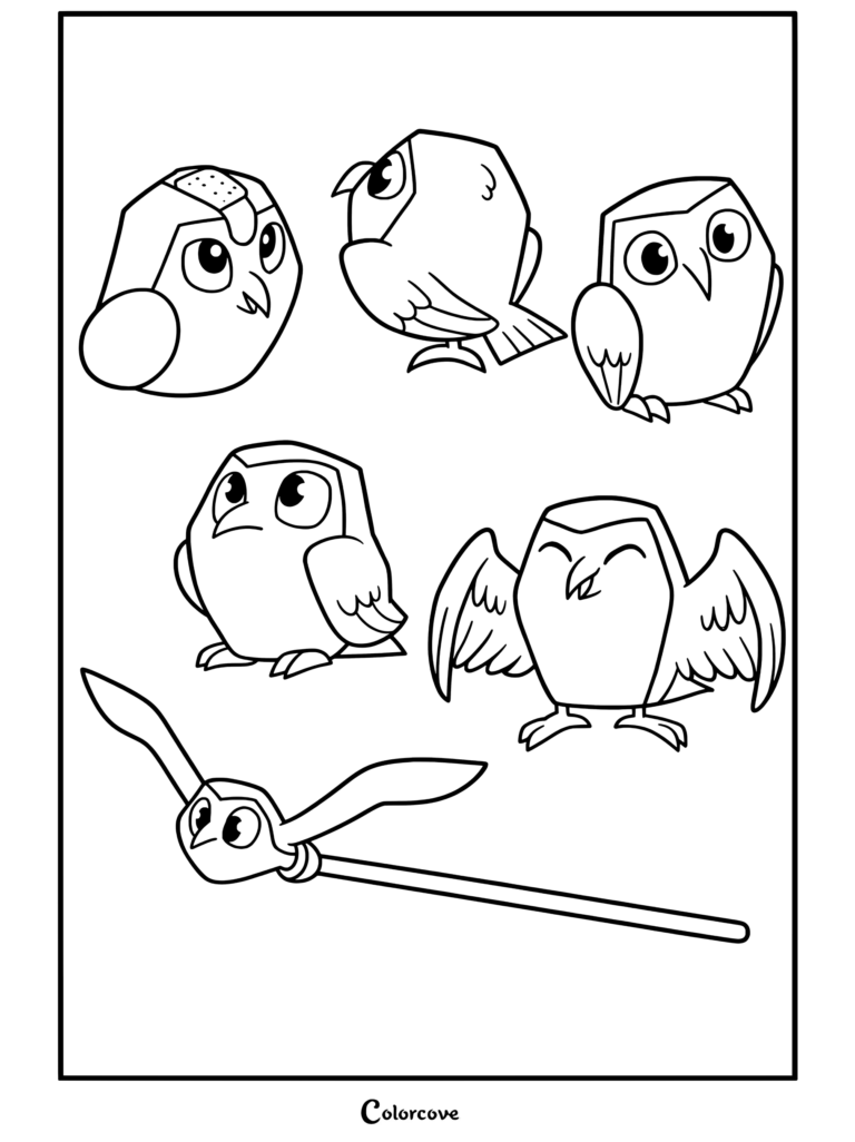 Una página para colorear con Hooty en varias poses y expresiones, incluyendo volar con un bastón, de The Owl House.
