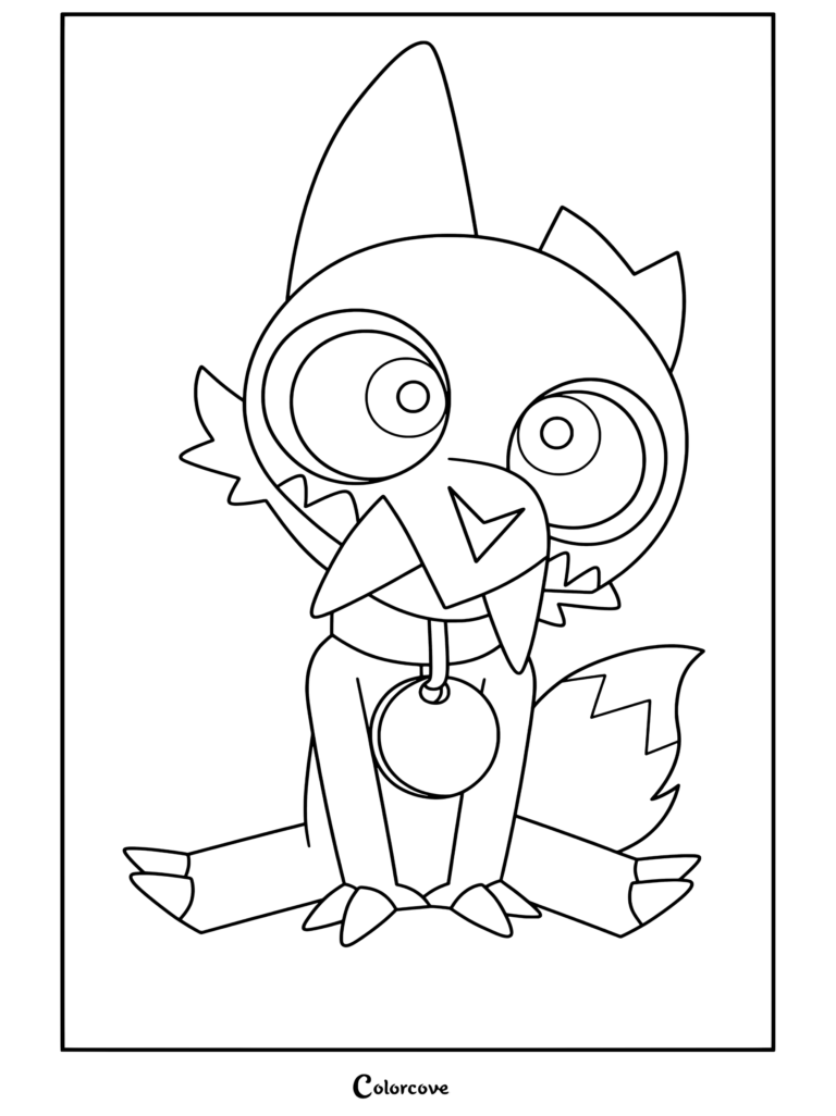 Dibujo para colorear de King de The Owl House que lo muestra sentado felizmente con un collar y una placa dorada.