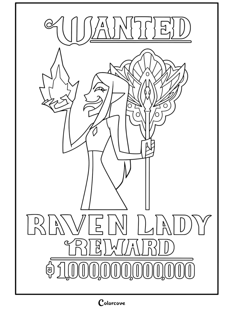 Página para colorear de Lilith Clawthorne como la Dama Cuervo en un cartel de se busca sosteniendo un palisman y fuego mágico azul, lista de The Owl House para imprimir y colorear