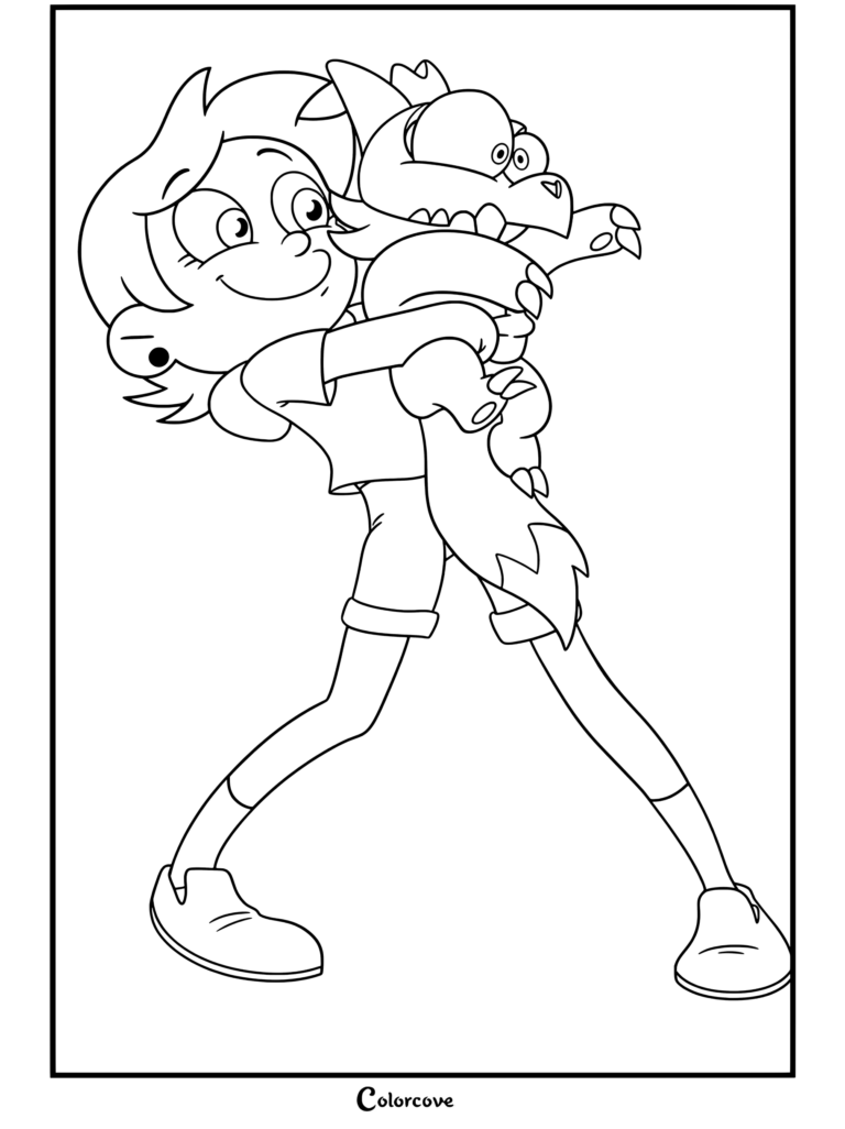 Luz Noceda cargando y abrazando a King Clawthorne sonriendo felizmente en esta página para colorear de The Owl House.