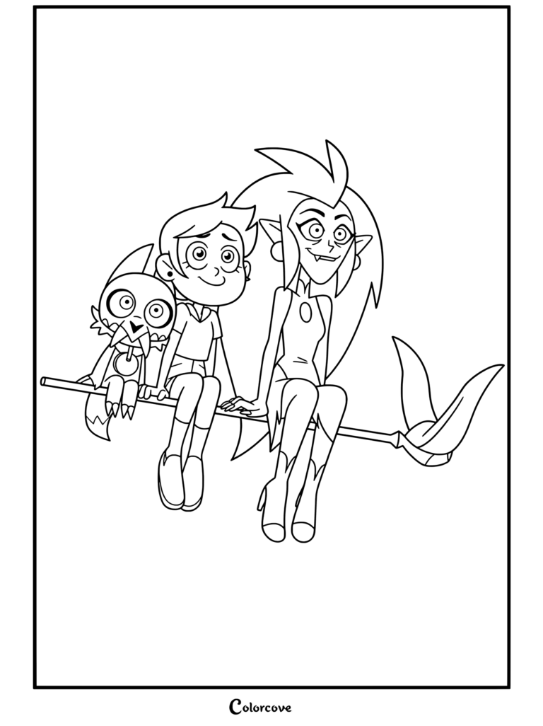 Página para colorear gratuita de Luz Noceda, Eda Clawthorne y King montando juntos en una escoba voladora de The Owl House.