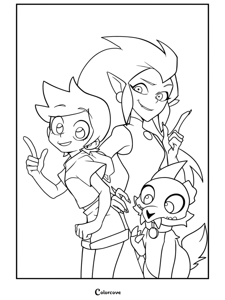 Luz Noceda, Edalyn Clawthorne y King posando juntos en una página para colorear de The Owl House.