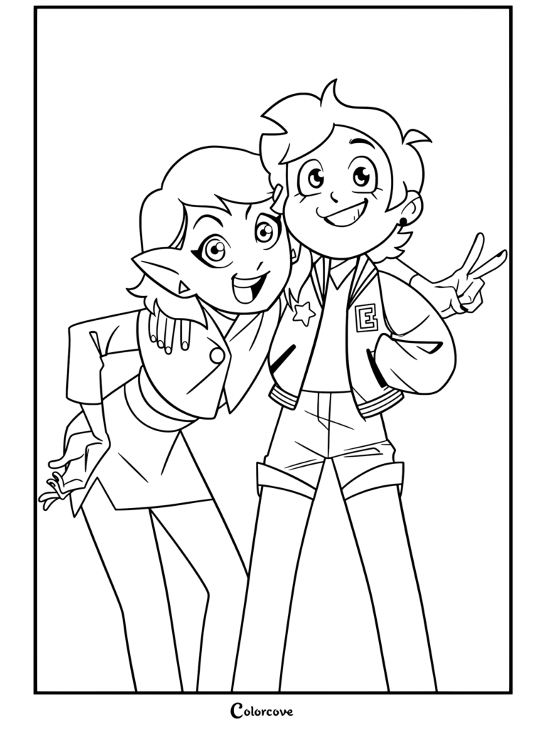 Amity Blight y Luz Noceda sonriendo juntas con Amity recostada en Luz y usando una chaqueta universitaria en una página para colorear de The Owl House