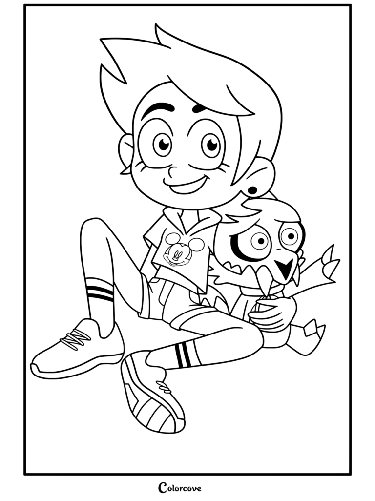 Luz Noceda sentada felizmente sosteniendo a King Clawthorne con una sudadera con capucha de Mickey Mouse en una página para colorear para los fans de The Owl House.