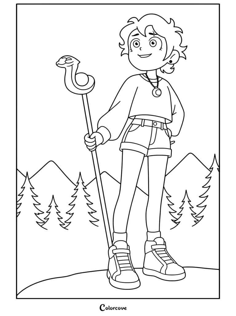 Luz Noceda de pie con orgullo sosteniendo el bastón de su palisman serpiente Stringbean, usando un top corto y pantalones cortos en un paisaje al aire libre, destacada como página para colorear para The Owl House.