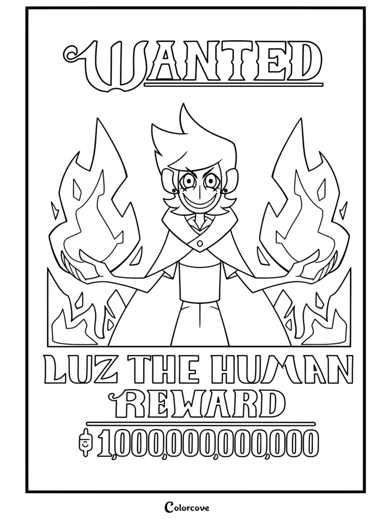 Página para colorear de un cartel de se busca de Luz Noceda de The Owl House que muestra una sonrisa malvada y manipuladora mientras sostiene magia de fuego con una capa morada.