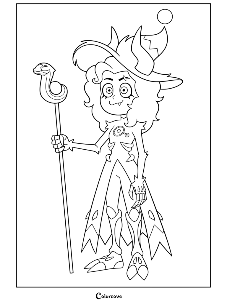 Página para colorear de Luz Noceda en forma de titán con cabello morado, sombrero de bruja, cuernos y bastón de palisman de The Owl House.