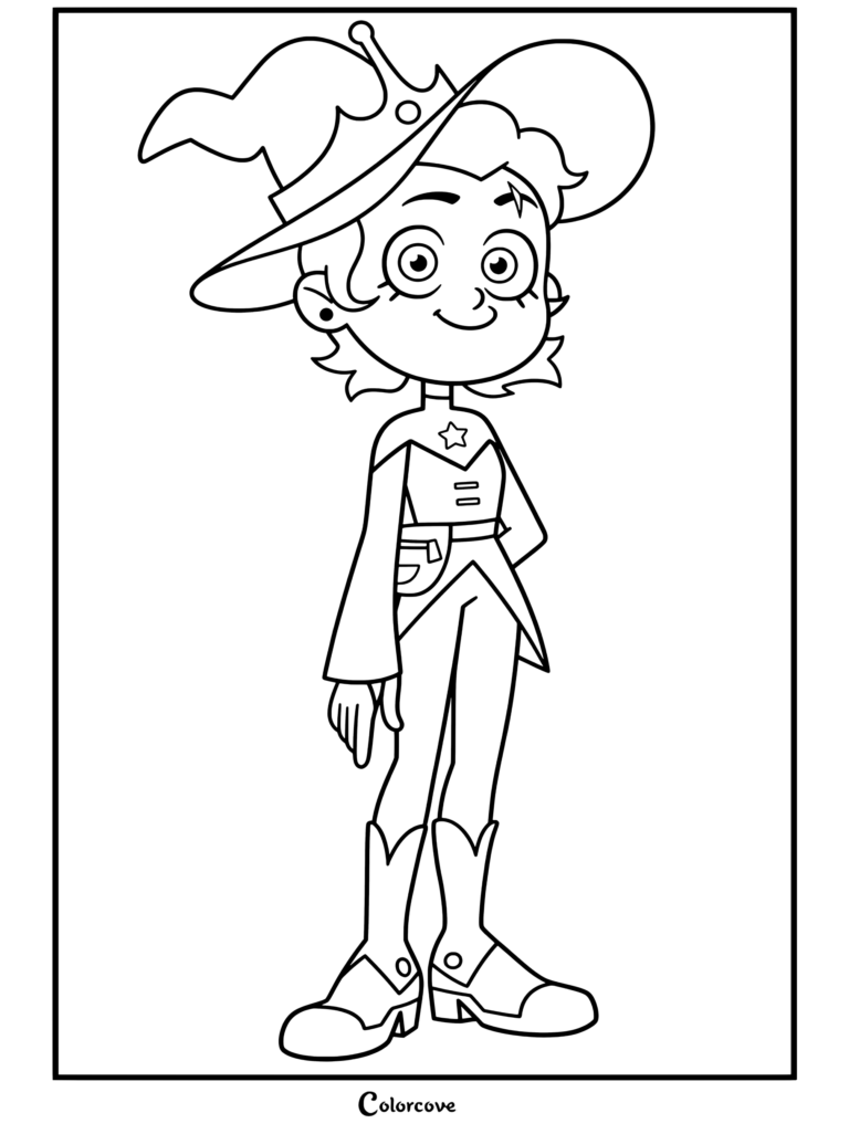 Luz Noceda vistiendo su disfraz de bruja titán con sombrero de bruja blanco y morado y bolso de palisman en una página para colorear de The Owl House.