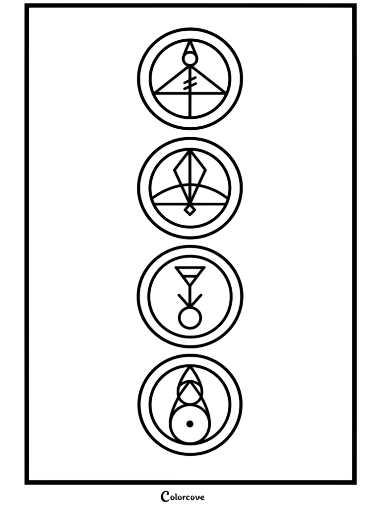 Los cuatro glifos de magia elemental de Luz Noceda: luz, hielo, planta y fuego brillando en colores neón en una pila vertical, página para colorear hecha para los fans de The Owl House.