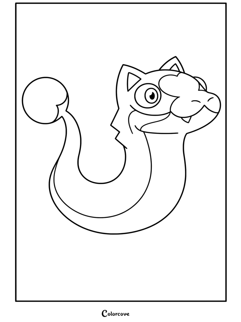 Una página para colorear imprimible de Stringbean, el palisman serpiente gato de The Owl House, con un cuerpo morado y una cola con bulbo verde claro.