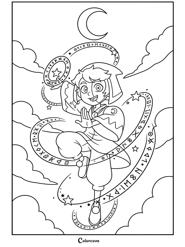 Dibujo para colorear gratuito de El Coleccionista flotando en el cielo nocturno con círculos mágicos rúnicos brillantes de The Owl House.