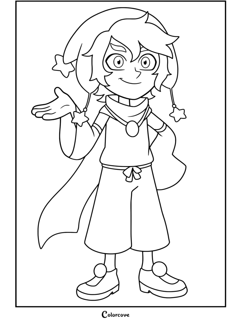Dibujo para colorear de El Coleccionista de The Owl House que muestra al personaje de pie con la mano extendida, usando un sombrero de bufón celestial y una túnica.