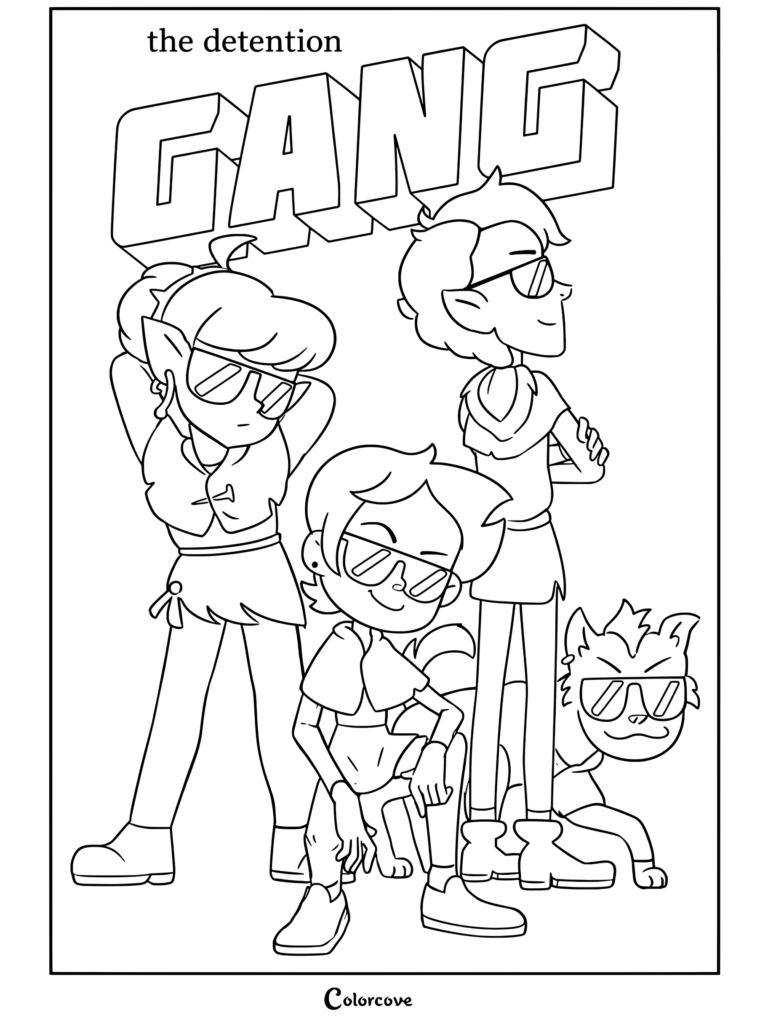 Dibujo para colorear de la pandilla de detención de The Owl House con Viney, Jerbo, Luz Noceda y Barcus usando gafas de sol.