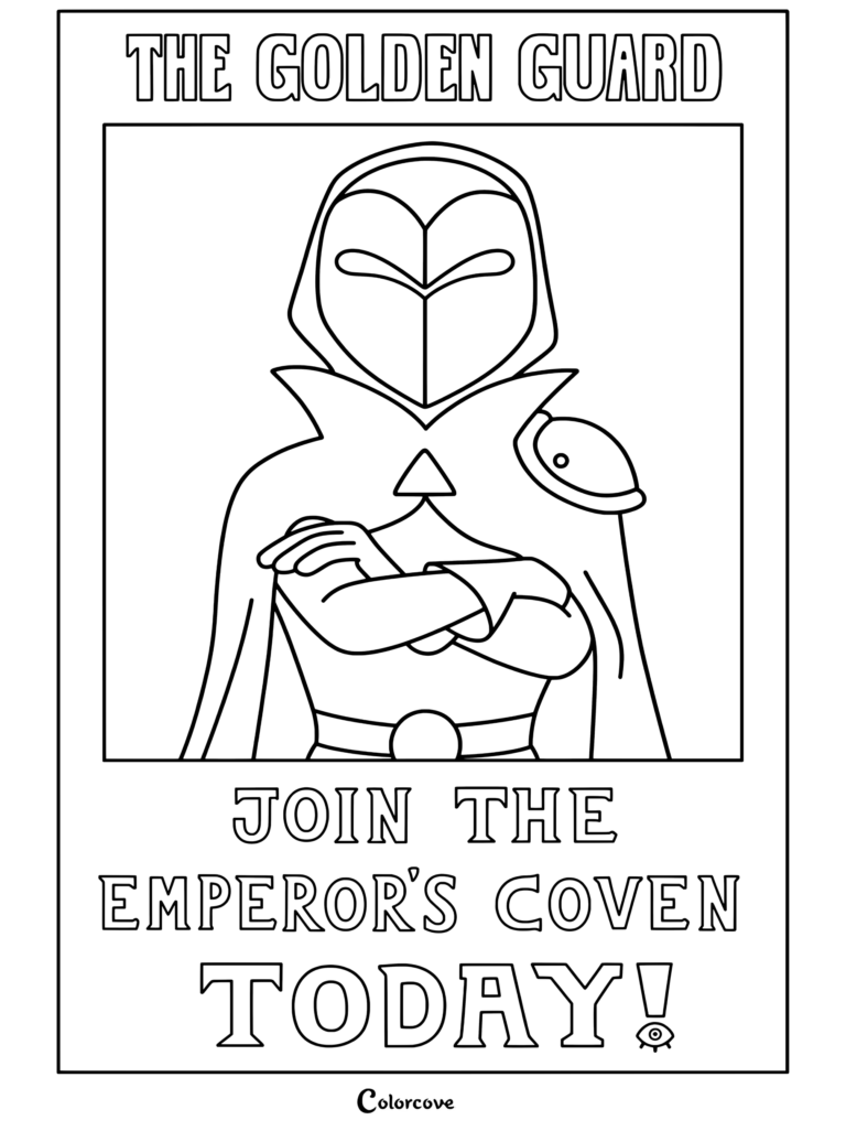 Página para colorear del cartel de reclutamiento de the Golden Guard de The Owl House con Hunter en máscara y capa con los brazos cruzados