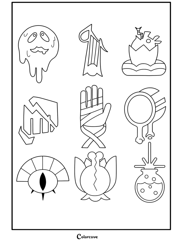 Dibujo para colorear de The Owl House con una cuadrícula de los nueve símbolos de los aquelarres de brujas en un diseño de 3x3.