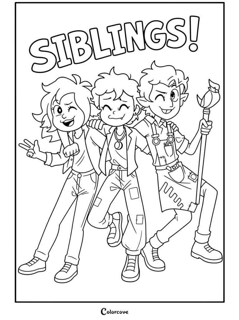 Dibujo para colorear de The Owl House con arte de fans de los hermanos Vex, Luz y Hunter sonriendo y posando juntos.