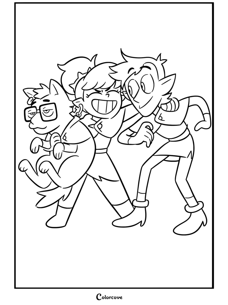 Dibujo para colorear de The Owl House con arte de fans de Viney cargando a Barcus mientras corre felizmente junto a Jerbo.