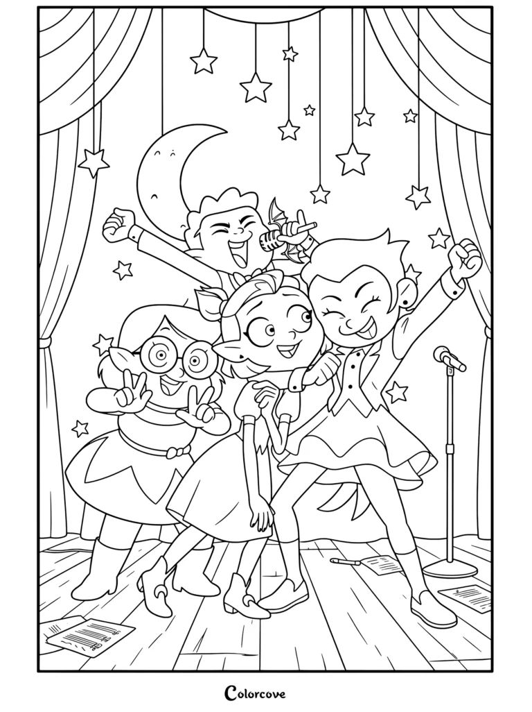 Página para colorear de The Owl House con Luz, Amity, Willow y Gus cantando y actuando en el escenario con micrófonos y estrellas
