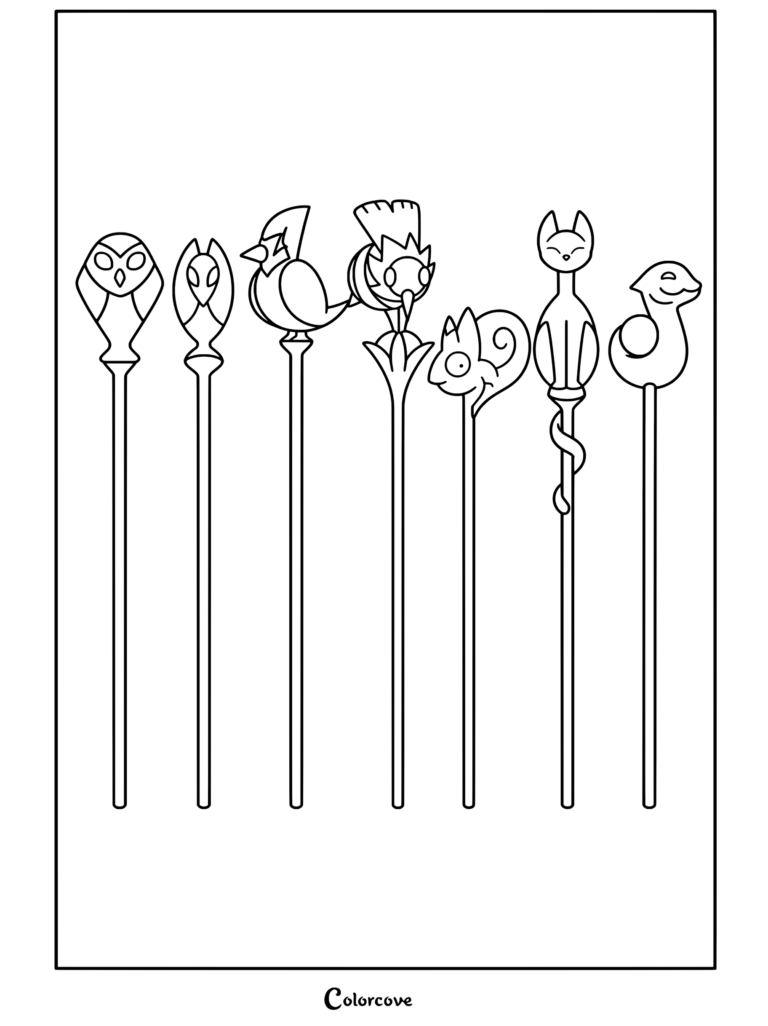 Página para colorear con la colección de palismen de The Owl House, que muestra el palisman búho de Lilith y otros bastones de animales tallados.