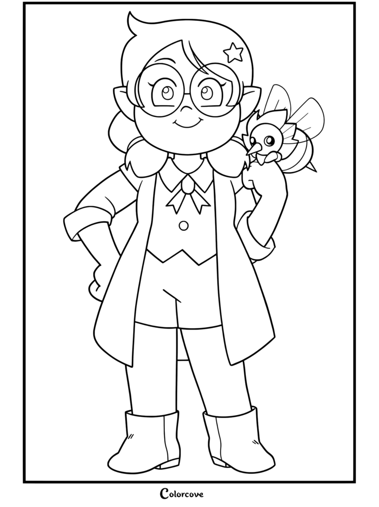 Página para colorear de Willow Park de The Owl House usando una chaqueta y gafas mientras sostiene a su palisman abeja Clover.