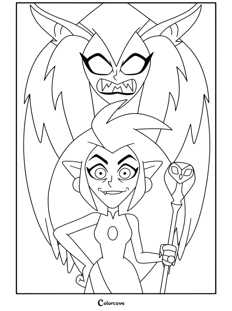 Una página para colorear para imprimir de Eda Clawthorne en forma humana de pie con su bastón Owlbert y su forma de bestia asomándose en el fondo de The Owl House.