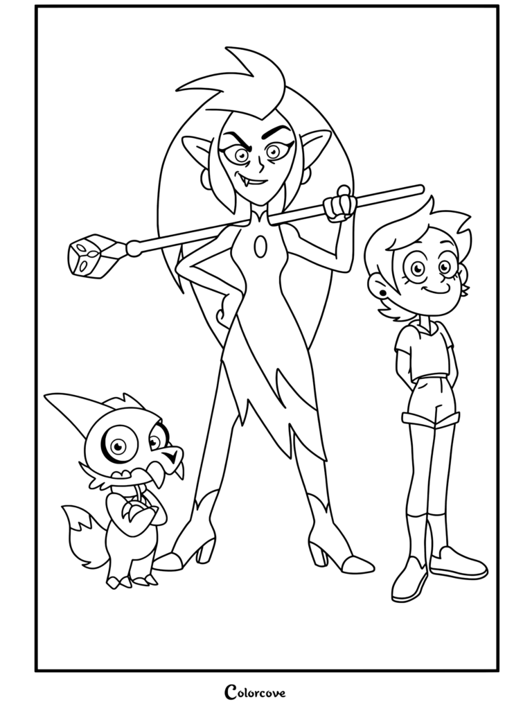 Eda Clawthorne, Luz Noceda y King de The Owl House de pie juntos sobre un fondo blanco en una página para colorear