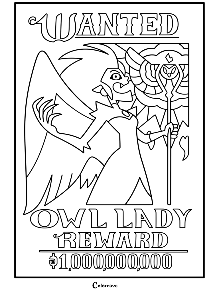Página para colorear para imprimir de Eda Clawthorne como la Dama Búho en un cartel de se busca, sosteniendo el bastón Owlbert con un ala de arpía y una sonrisa segura, de The Owl House.