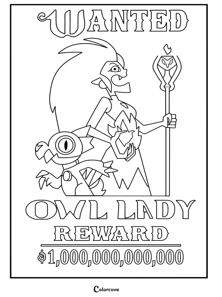 Página para colorear con Eda Clawthorne, King y Owlbert en un cartel de se busca de The Owl House.