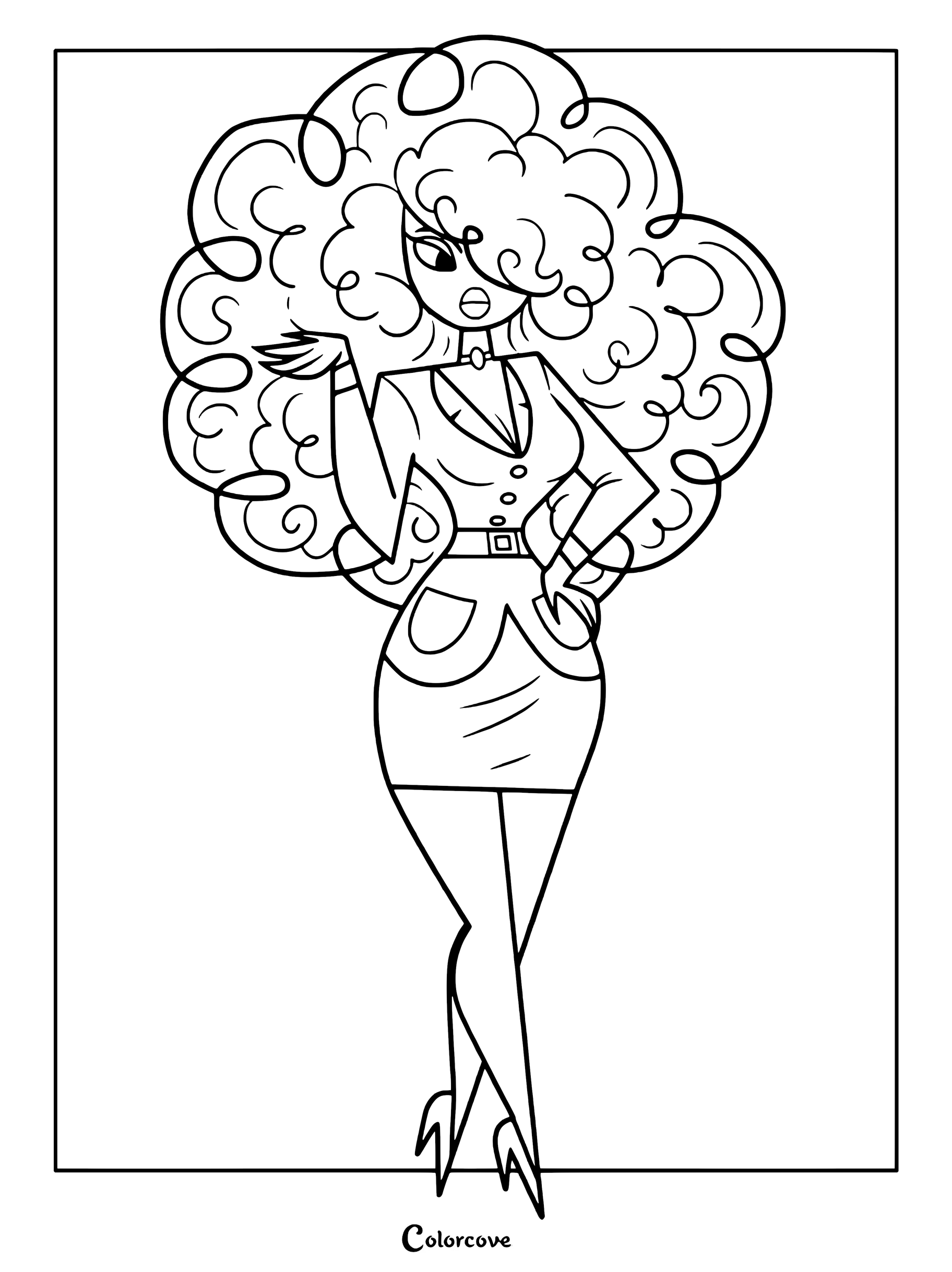 Página para colorear de la Señorita Sara Bellum de Las Chicas Superpoderosas con traje elegante y cabello rizado voluminoso.