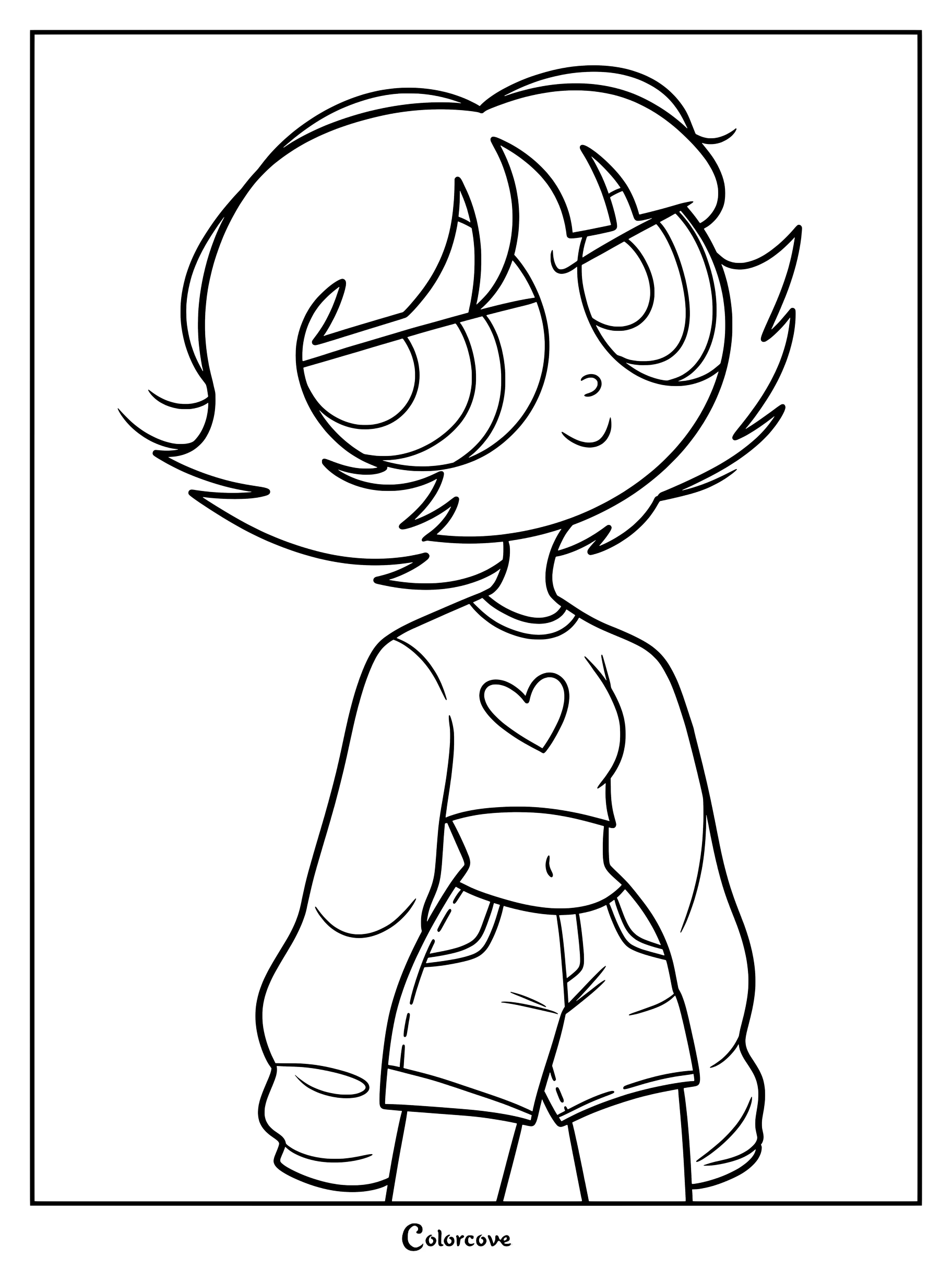 Página para colorear fan art juvenil de Bellota de Las Chicas Superpoderosas con cabello negro corto, ojos verdes, camiseta corta de manga larga verde lima con un corazón negro y shorts gris azulado.