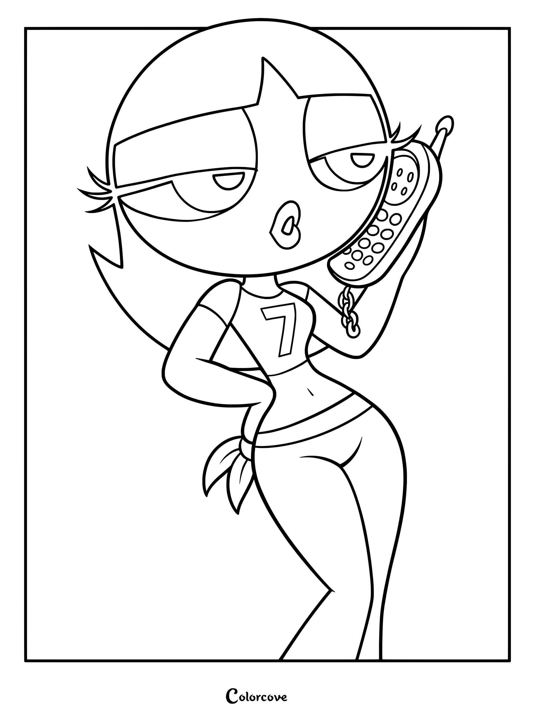 Página para colorear de la versión adolescente de Bellota de Las Chicas Superpoderosas sosteniendo un celular verde retro.