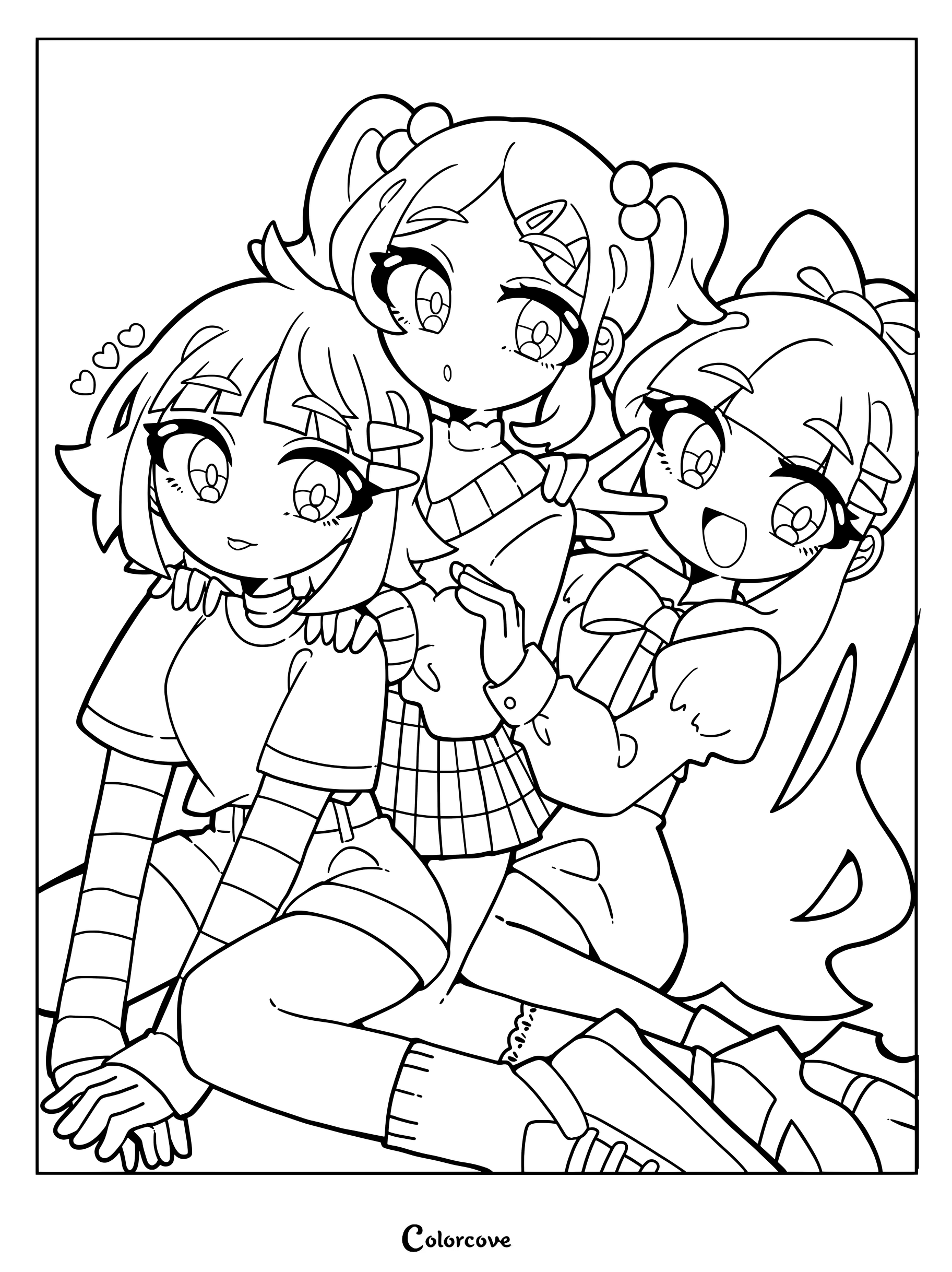 Una adorable página para colorear estilo fan art inspirado en el anime, con Bellota, Burbuja y Bombón.