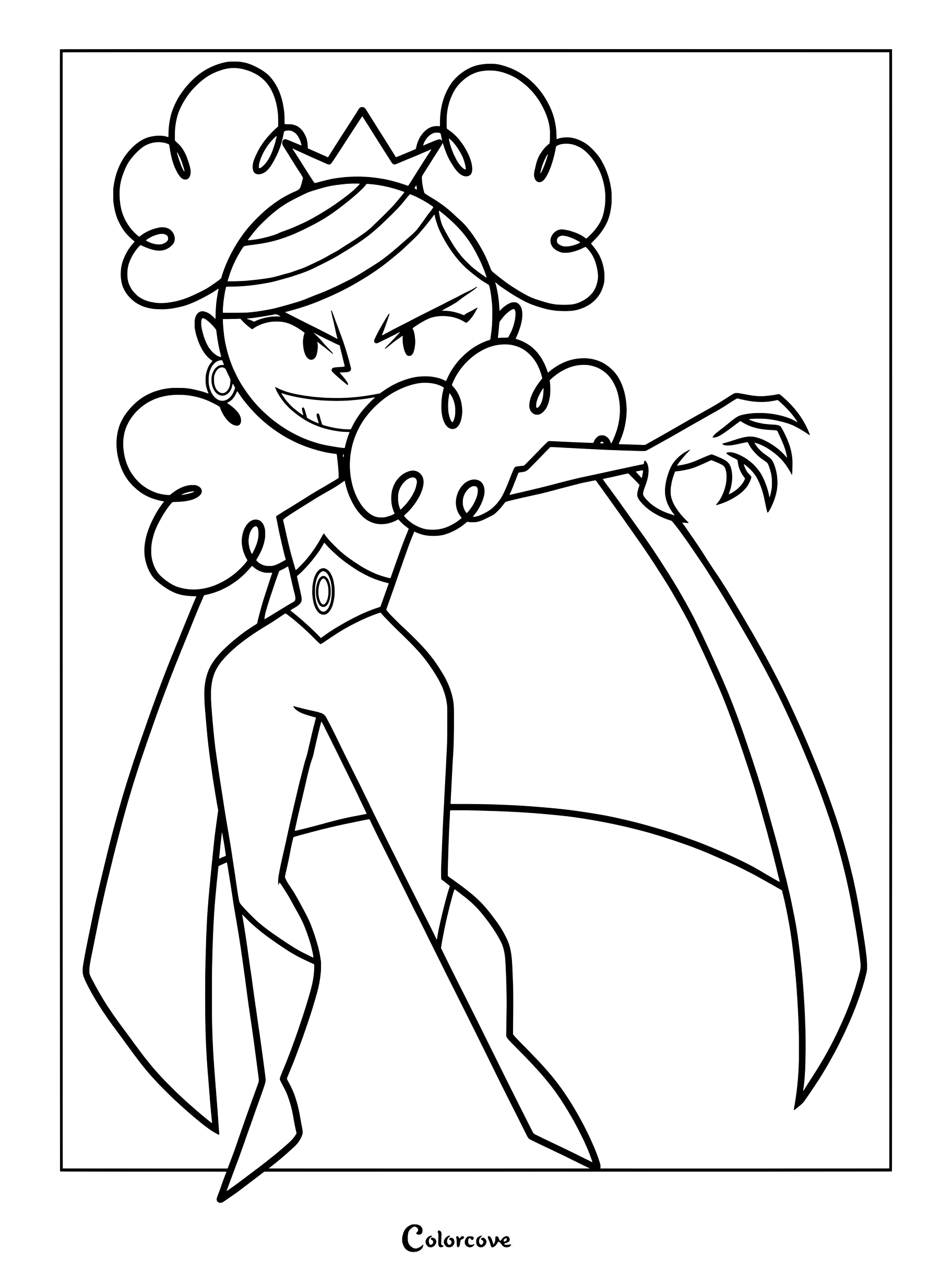 Página para colorear tipo fan art adolescente de la Princesa Maslana de Las Chicas Superpoderosas con coletas naranjas, tiara, leotardo negro y capa amarilla.