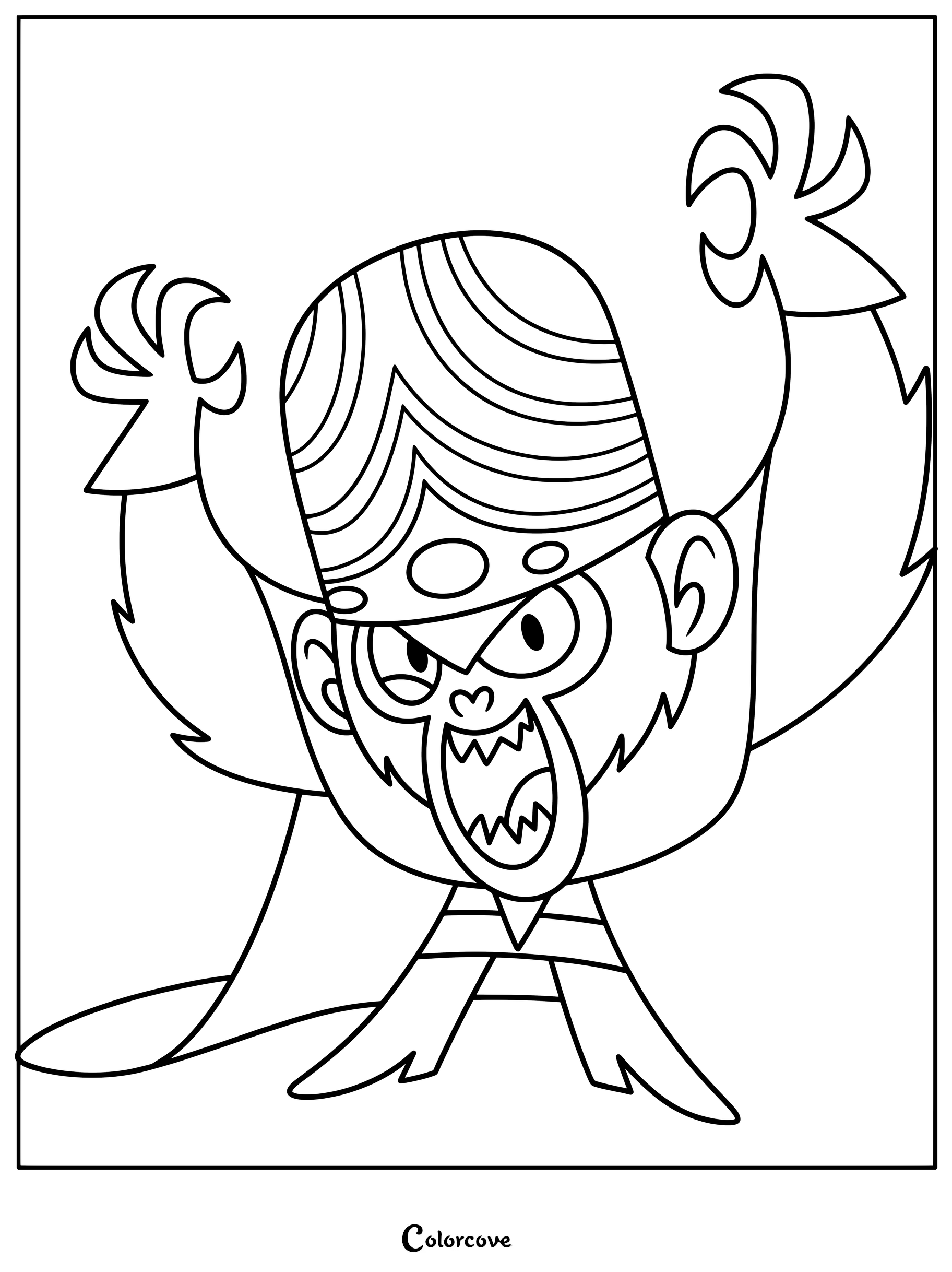 Página para colorear de Mojo Jojo de Las Chicas Superpoderosas mostrándolo con las garras levantadas y una sonrisa malvada.