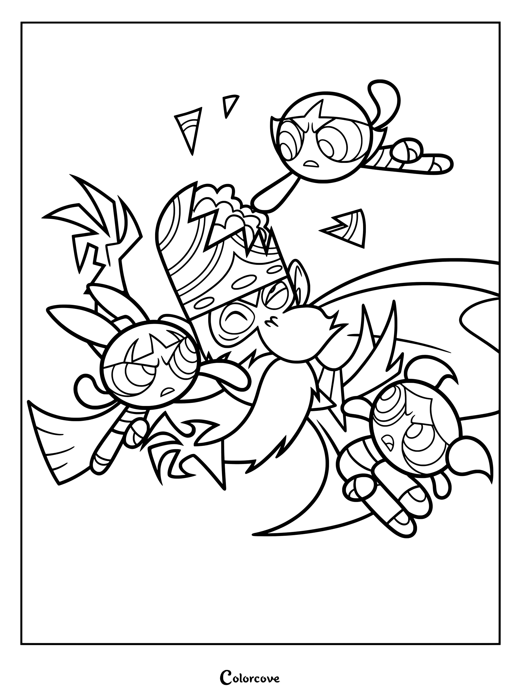 Página para colorear imprimible de Bombón, Burbuja y Bellota luchando contra el villano Mojo Jojo de Las Chicas Superpoderosas.