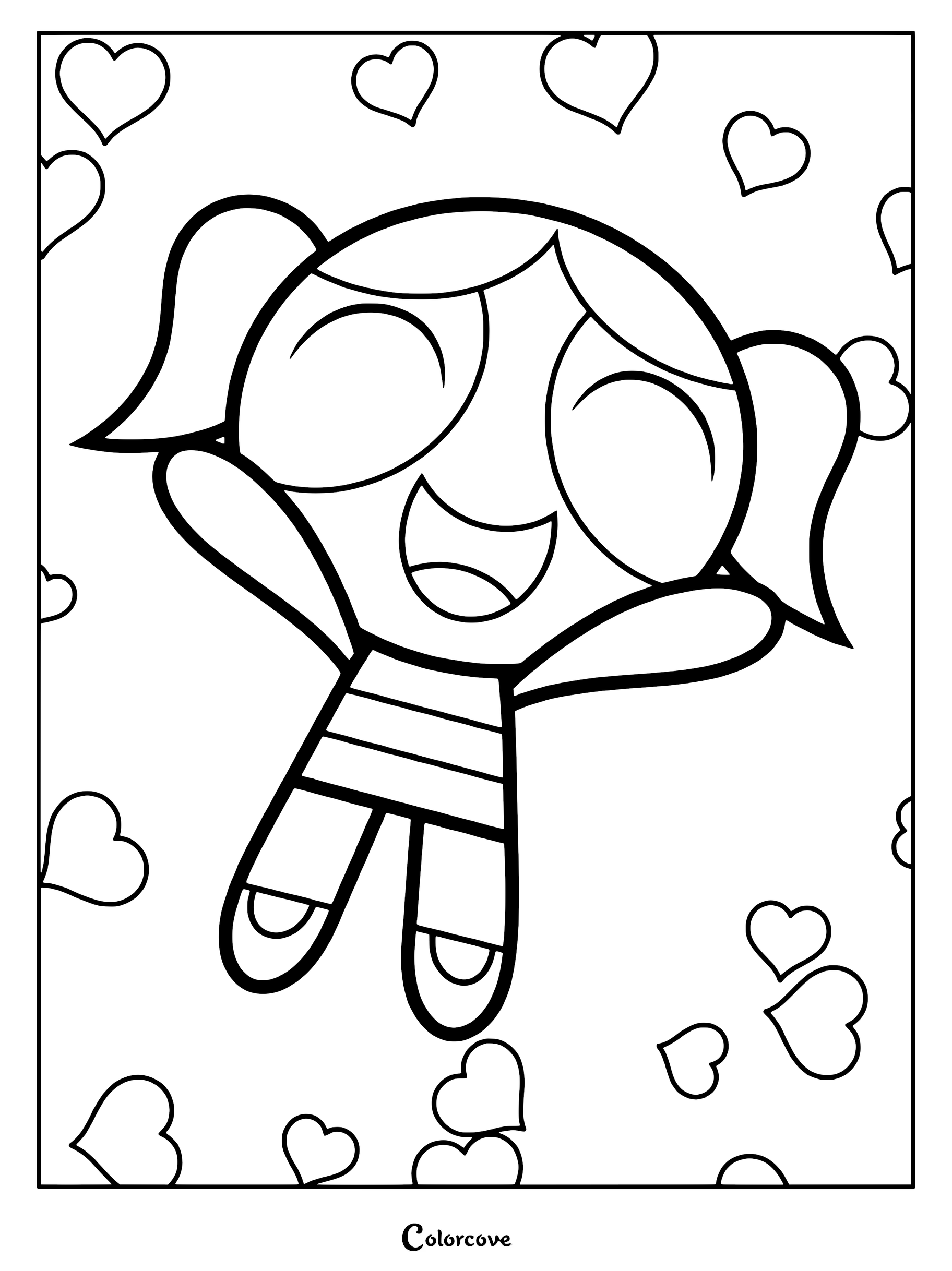 Página para colorear de Burbuja de Las Chicas Superpoderosas luciendo alegre con los brazos en alto sobre un fondo lleno de corazones.