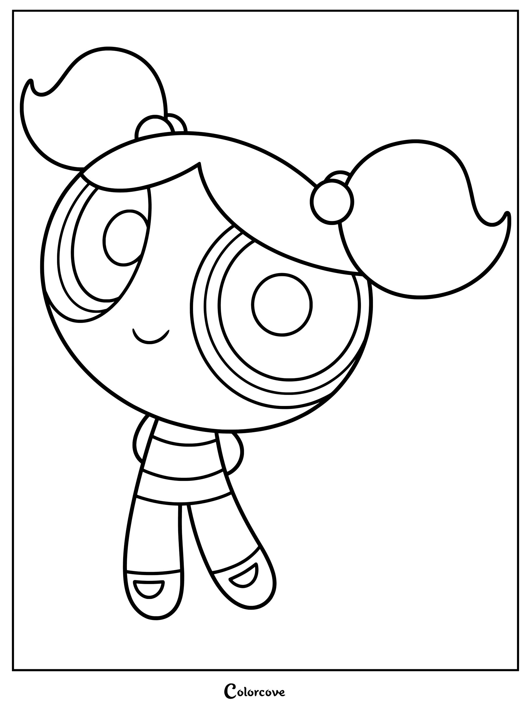 Página para colorear imprimible de Burbuja de Las Chicas Superpoderosas sonriendo con las manos a la espalda.