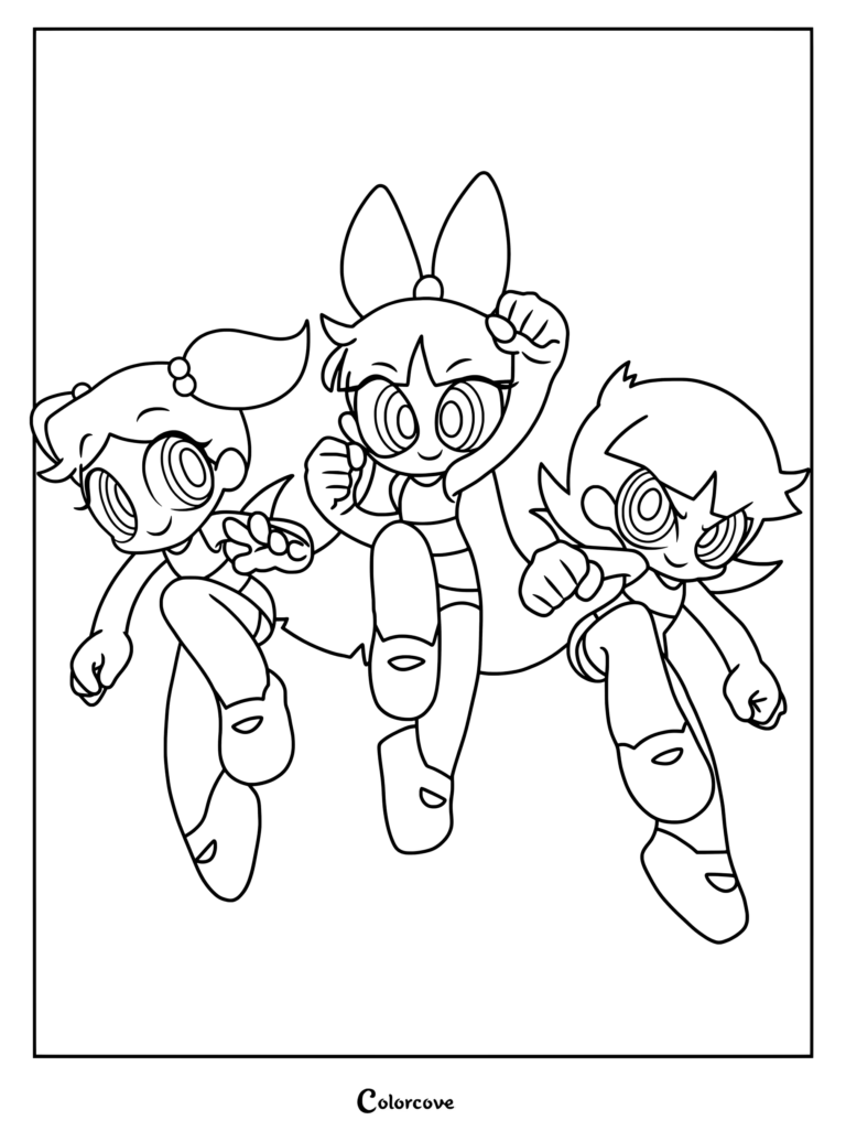 Página para colorear fan art de Las Chicas Superpoderosas dibujadas de forma estilizada y humanizada.