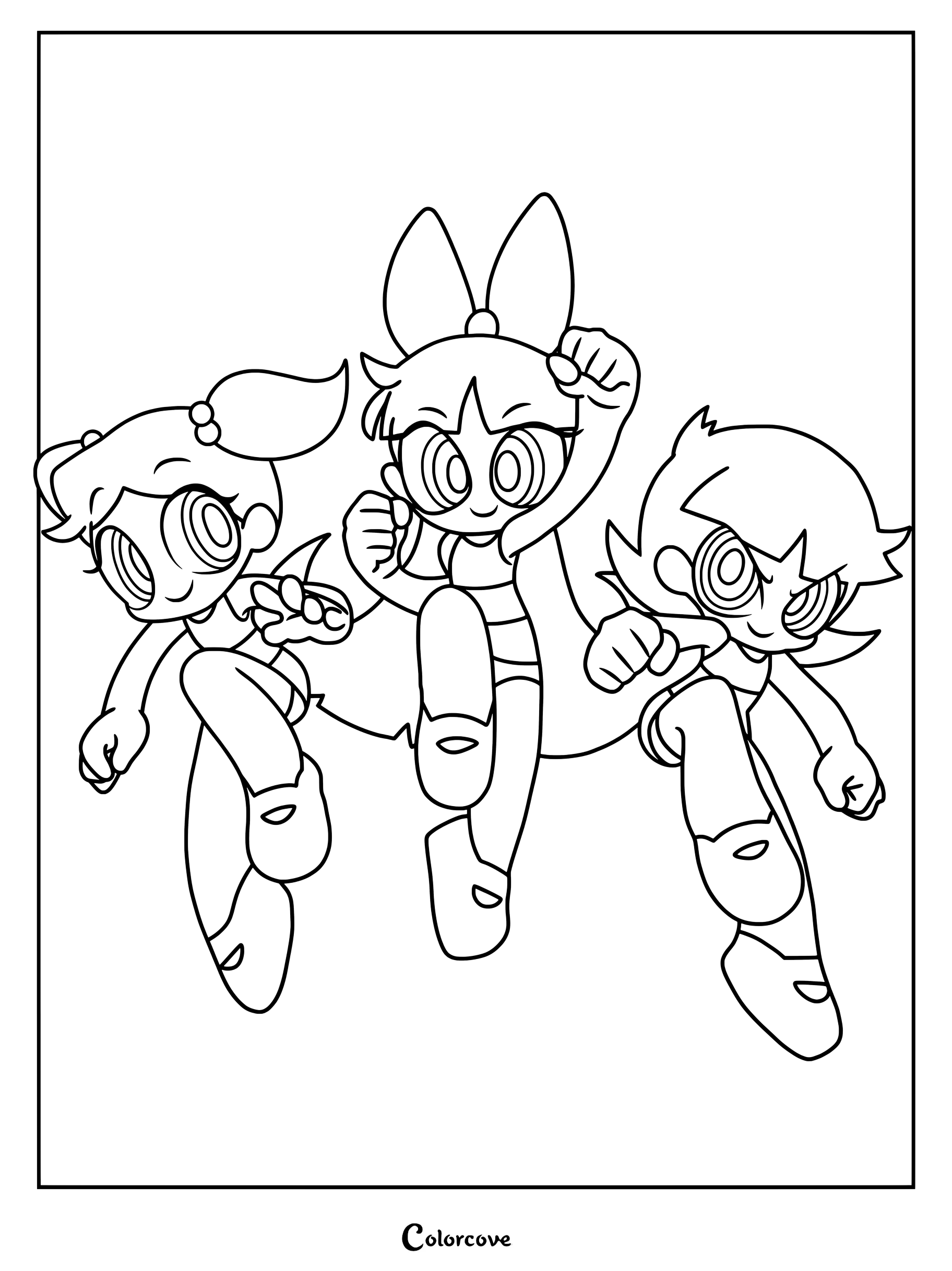 Página para colorear fan art de Las Chicas Superpoderosas dibujadas de forma estilizada y humanizada.