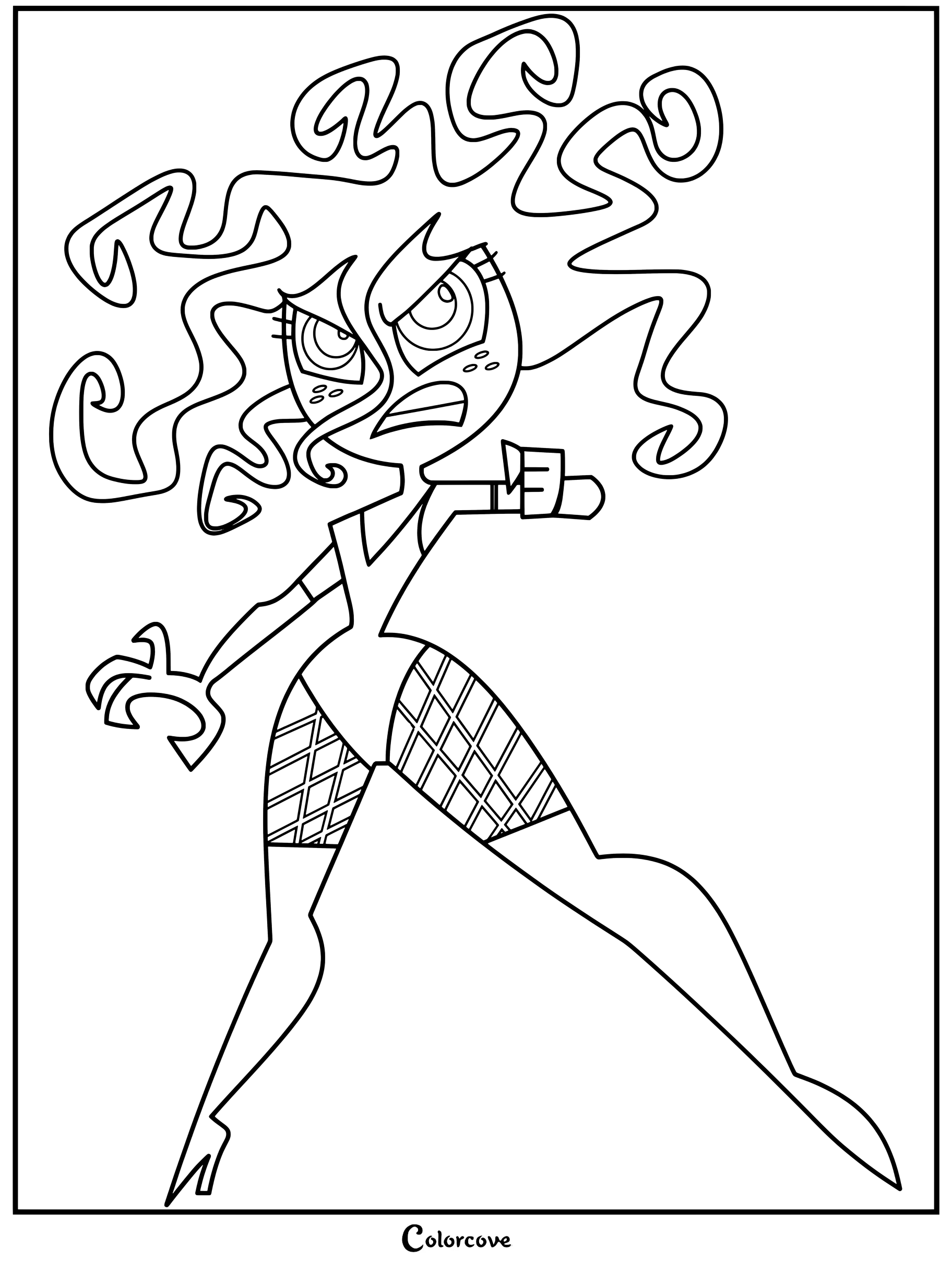 Página para colorear de Sedusa de Las Chicas Superpoderosas con su cabello de serpiente y medias de red.