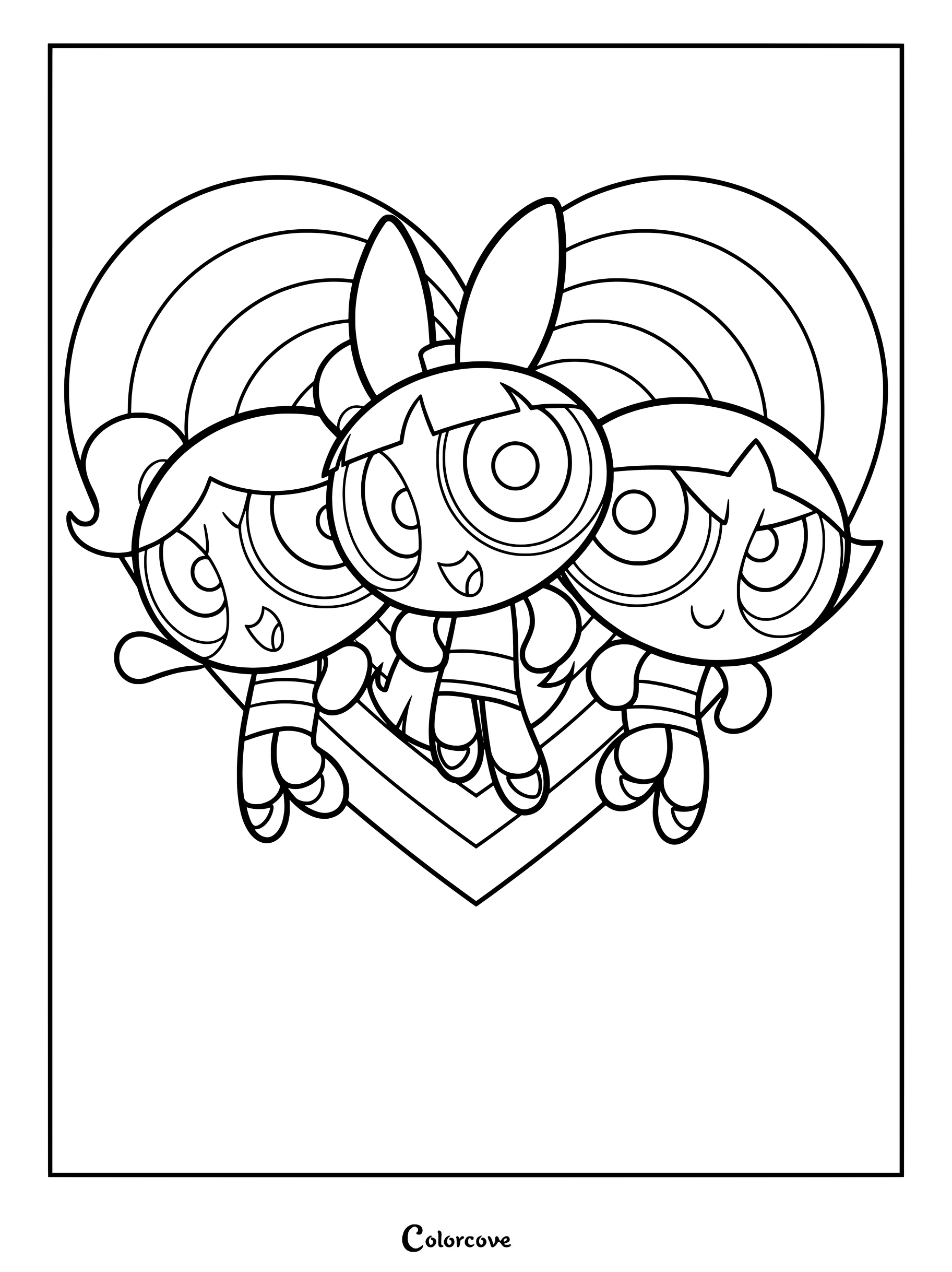 Página para colorear de Las Chicas Superpoderosas con Bombón, Burbuja y Bellota posando frente a un corazón rosa.