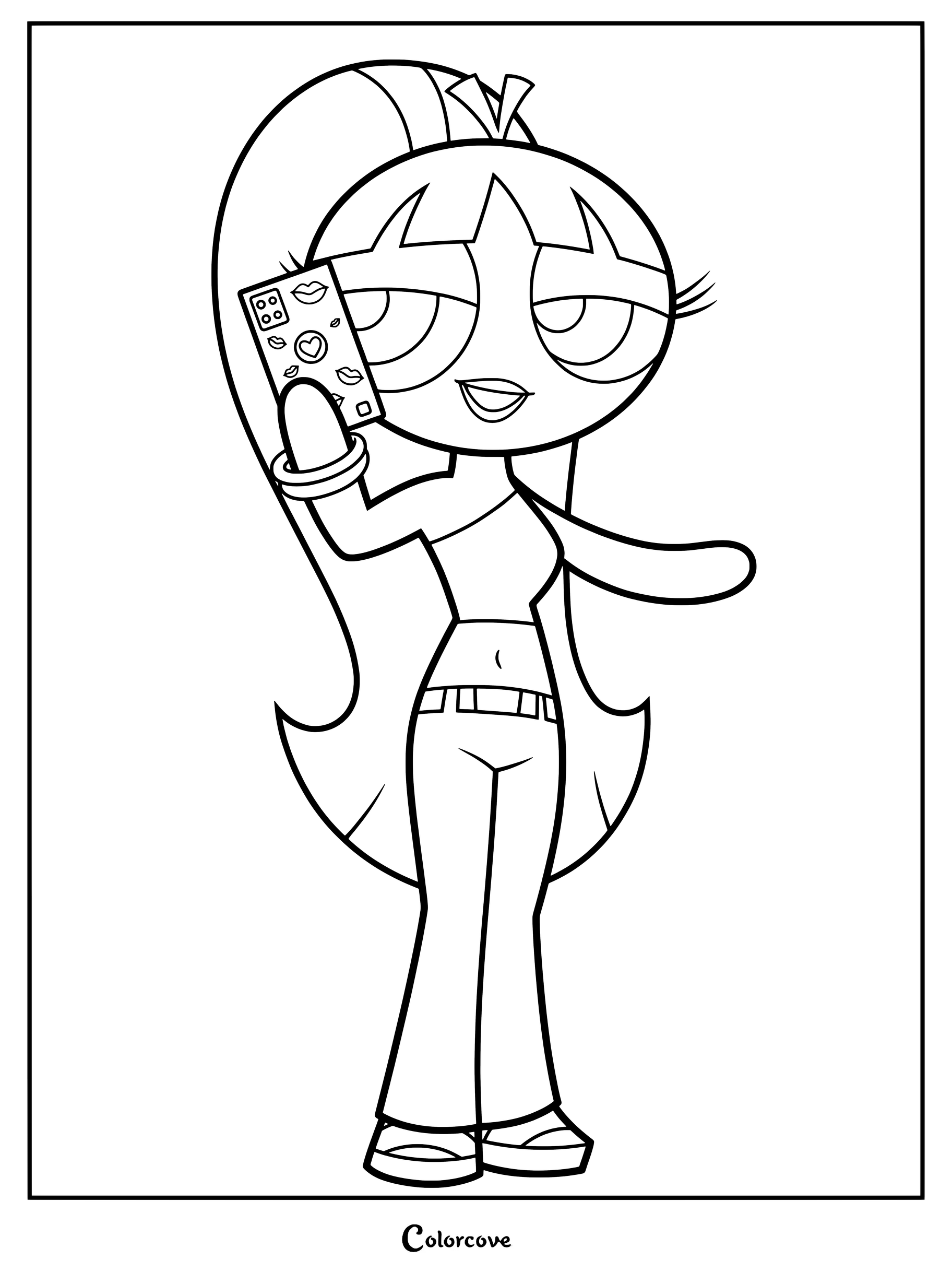 Página para colorear imprimible de Bombón de Las Chicas Superpoderosas reimaginada como una adolescente con un estilo Y2K.