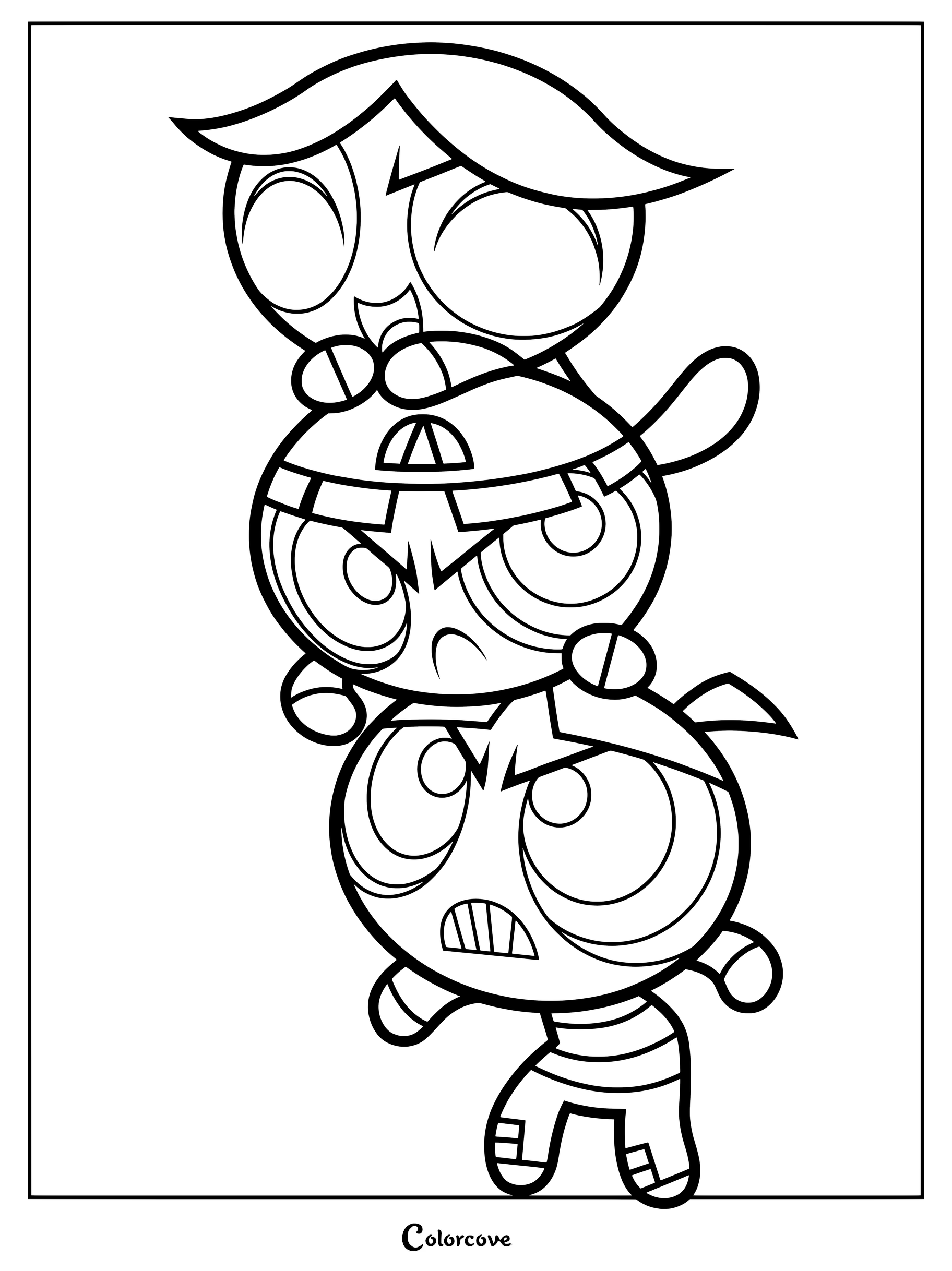 Página para colorear de Los Chicos Jocosos con Brick, Boomer y Butch apilados verticalmente, de Las Chicas Superpoderosas.