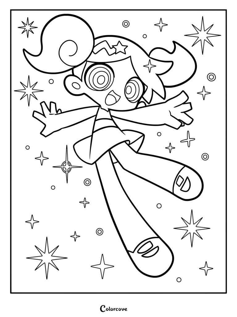 Página para colorear chibi estilizada e idónea de Burbuja de Las Chicas Superpoderosas rodeada de estrellas brillantes.