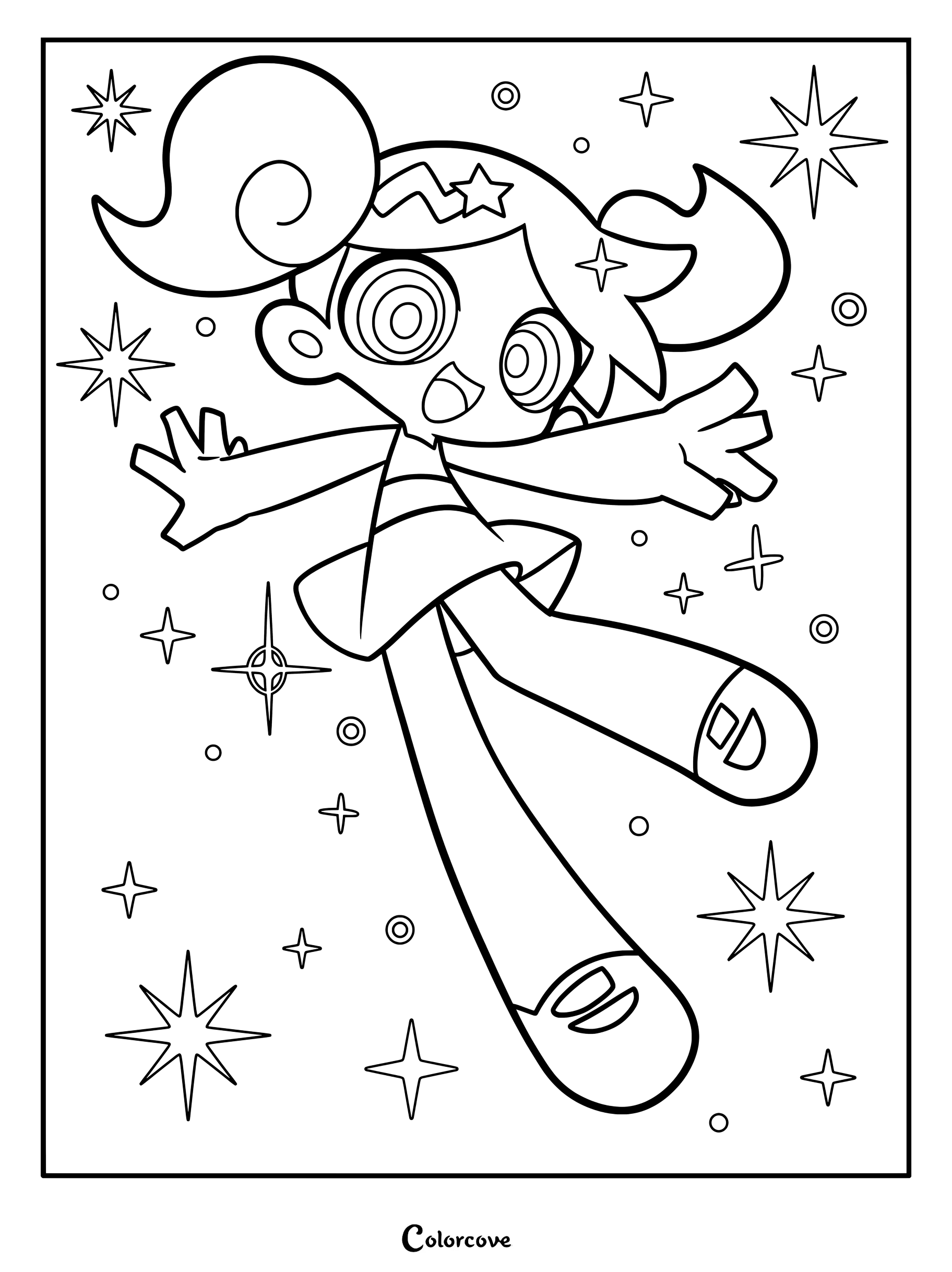 Página para colorear chibi estilizada e idónea de Burbuja de Las Chicas Superpoderosas rodeada de estrellas brillantes.