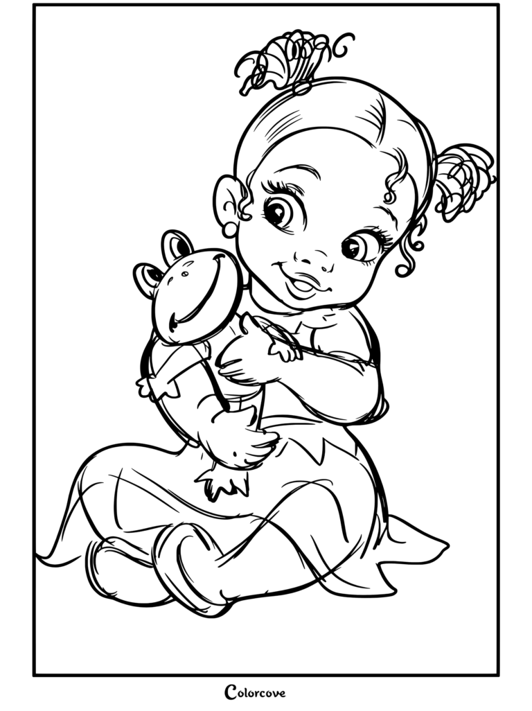 Dibujo para colorear imprimible inspirado en La Princesa y el Sapo con Tiana de bebé sonriendo alegremente mientras abraza a un pequeño sapo verde.
